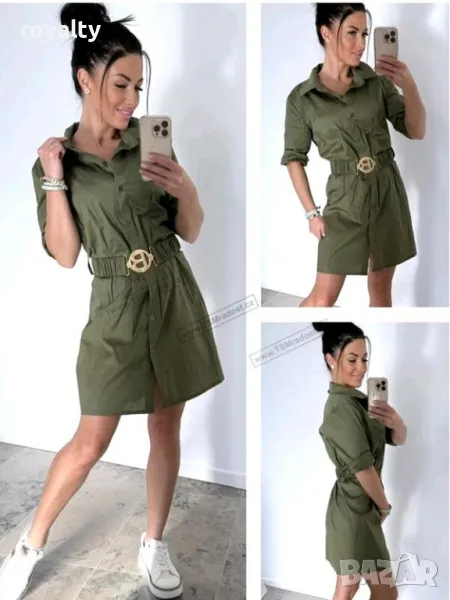 Зелена рокля риза с колан, снимка 1