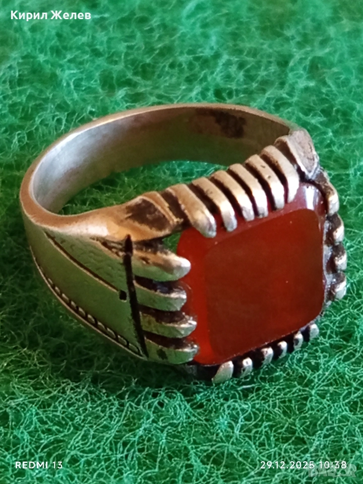 Старинен сребърен пръстен с Кехлибар орнаментиран ювелирна изработка 47115, снимка 1