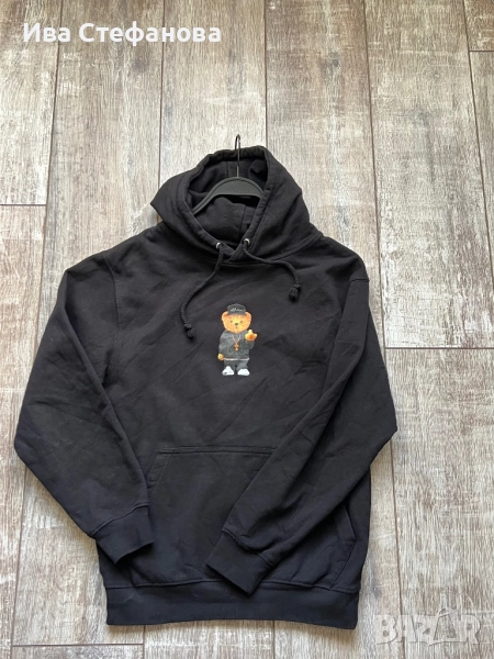 Спортна черна памук памучна ватирана блуза суичър суитшърт с качулка мече , снимка 1