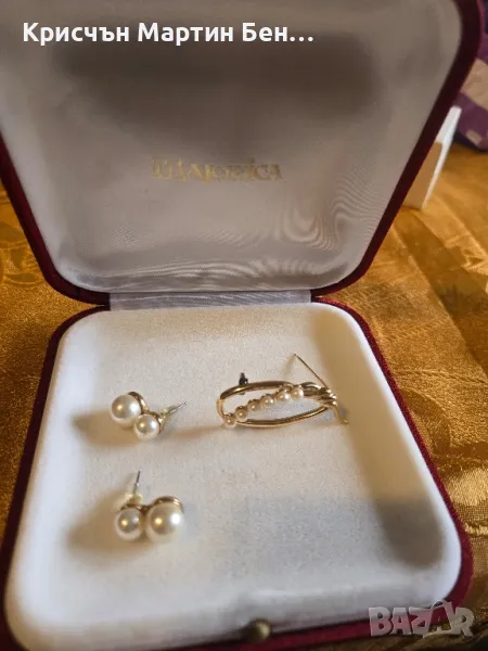Сет MAJORICA перлени обеци +брошка чисто позлатено сребро с истински перли , снимка 1