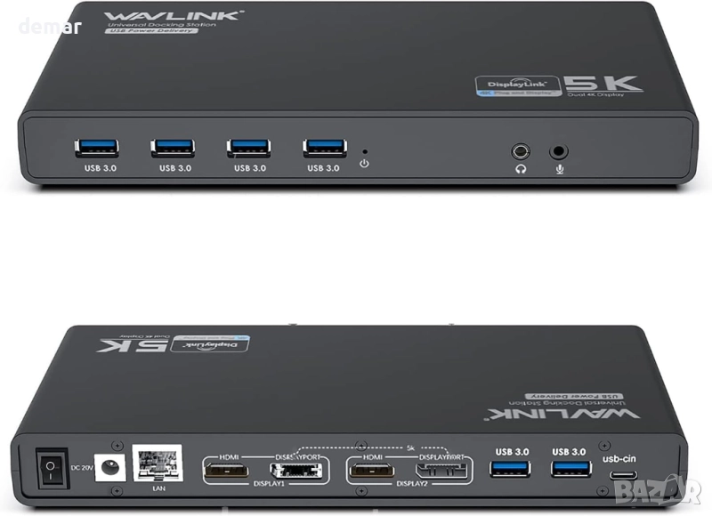 Универсална докинг станция Displaylink WAVLINK USB C с 2x HDMI и DP, снимка 1