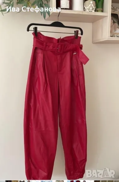 Нов кожен панталон висока талия вишнев бордо цвят лек потур шалвар , снимка 1
