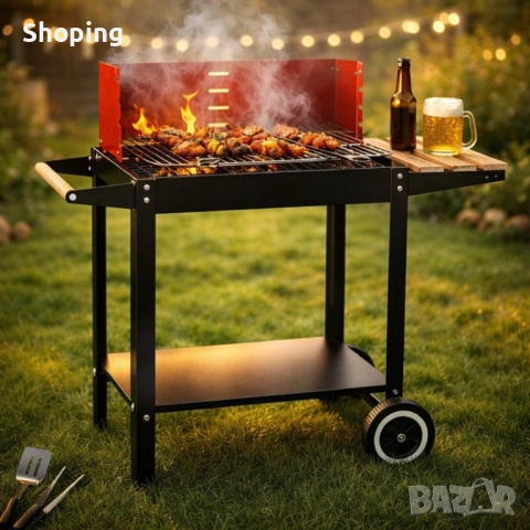 Градинско барбекю на колела, емайлирана стомана, 4 степени + Подарък 3 прибора, снимка 2 - Барбекюта - 53343396
