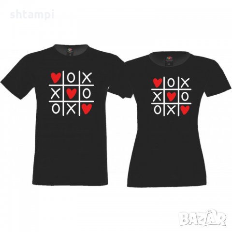 Комплект тениски за влюбени Tic Tac Toe Морски шах сърца