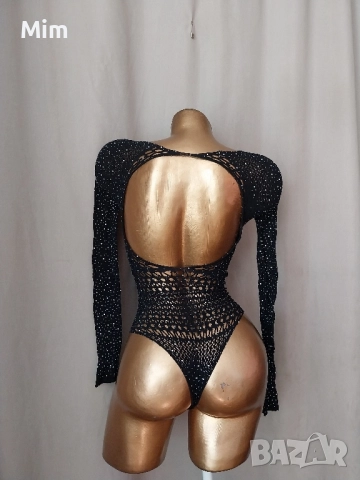 Черно и бяло еластично боди мрежа със сребристи камъчета , снимка 6 - Бельо - 51563295