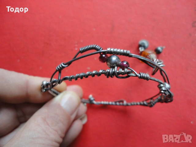 Дизайнерска сребърна гривна с кехлибар и камъни , снимка 5 - Гривни - 53323036