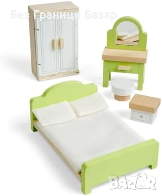 Нов Комплект спалня за кукли от дърво – мини легло, гардероб, тоалетка, снимка 2 - Образователни игри - 53520814