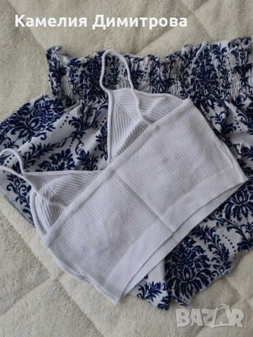 Дамски летен комплект – бял къс топ + сини къси гащички с ластик, снимка 3 - Комплекти - 53285660