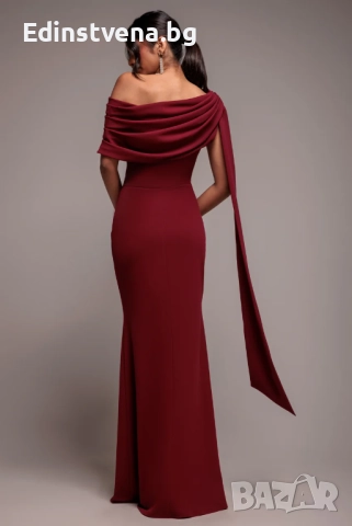 Дамска дълга рокля в цвят бордо с голо рамо и елегантна драперия, снимка 2 - Рокли - 52391925