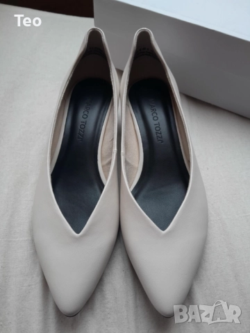 Бели обувки Marco Tozzi, немски, размер 37, кожени, с малък ток, елегантни, снимка 5 - Дамски ежедневни обувки - 52898342