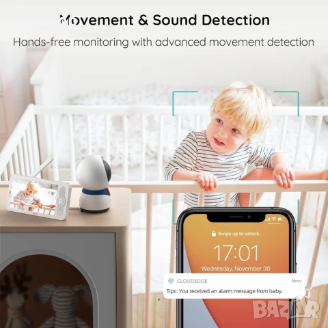 НОВ Бебефон BOIFUN 5" 1080P, управление чрез екрана + приложение, разпознаване на плач и движение, снимка 6 - Бебефони - 50541351