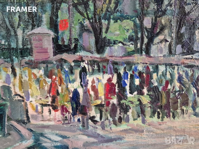 Евгени Томов /1934-2006/ Женскиат пазар София 1974 пейзаж масло, снимка 4 - Картини - 39814797