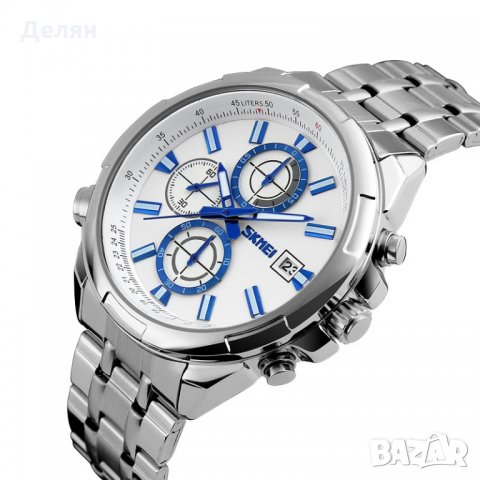Мъжки часовник 021, сребрист, с дата и хронометър, снимка 2 - Мъжки - 27933136