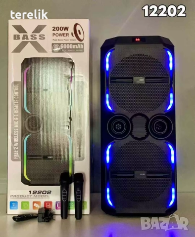 🔊 ABS-12202 – 12”×2 Xbass 200W 6000mah-50лв Професионална караоке тонколона, Bluetooth, 2 микрофонa, снимка 14 - Караоке - 51831246
