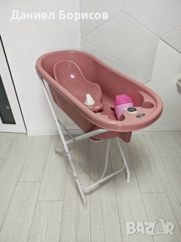 Бебешка вана 88 см с оттичане, термометър и подложка – Nordic Pink 