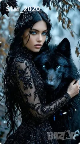 Светеща картина с LED осветление - жена и вълк 4