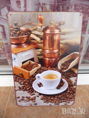Метална табела кафе кафемелачка зърна джезве дървена лъжица, снимка 1 - Декорация за дома - 43121641