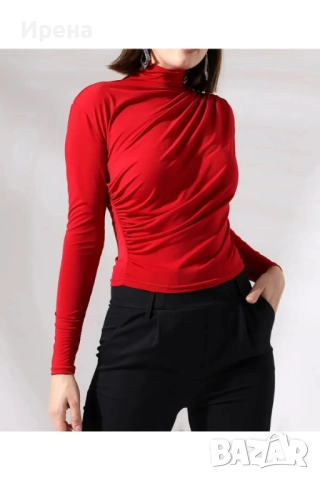 Блуза с дълъг ръкав и яка от гъвкав пясъчен плат