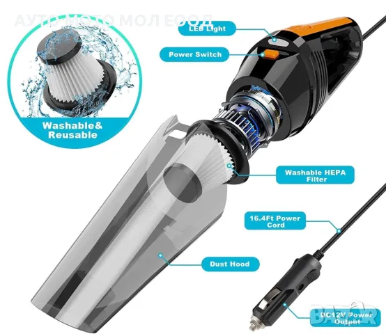 Мощна Прахосмукачка за кола с LED осветление 100W/12V., снимка 5 - Аксесоари и консумативи - 49852280
