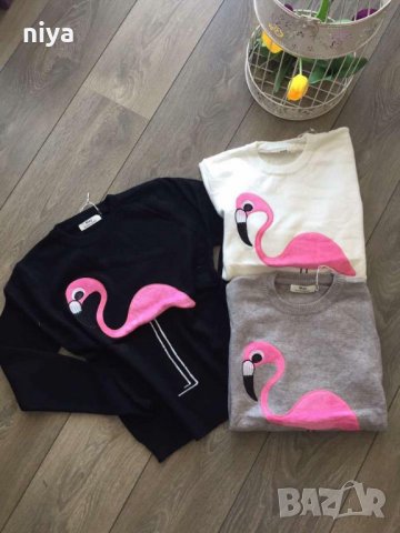 Пуловер със фламинго в черно,бяло и пудра -(С, М и Л), снимка 4 - Блузи с дълъг ръкав и пуловери - 26604401