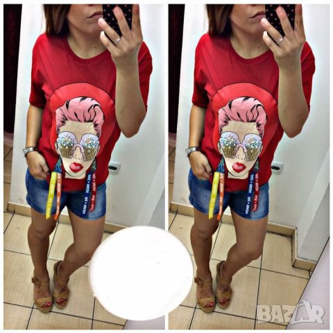 Тениска със перли и ленти в червен цвят , снимка 2 - Тениски - 25653055