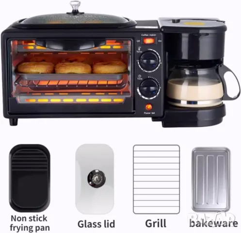 Най-добра цена! Печка, тостер и кафемашина, 3 в 1, 12 литра фурна, Плоча с незалепващо покритие, снимка 10 - Печки, фурни - 49028760