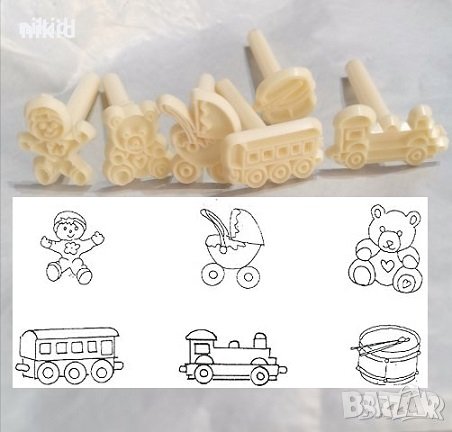 6 бр малки печати печат бебешки играчки мече количка влак барабан за бисквитки фондан украса, снимка 2 - Форми - 32932055