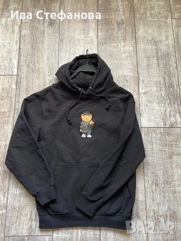 Спортна черна памук памучна ватирана блуза суичър суитшърт с качулка мече 