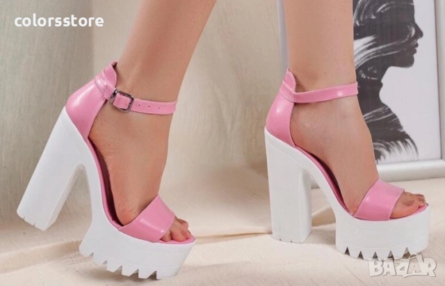 Сандали на ток - розова кожа с бяло ходило - 624
