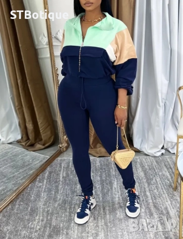 🌸 .Дамски Комплект – Цветна Блуза с Цип + Клин Висока Талия 🌸