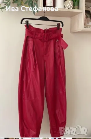 Нов кожен панталон висока талия вишнев бордо цвят лек потур шалвар 