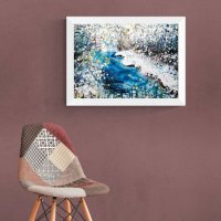  Подарете    Абстрактна Картина Зимна Приказка Снежен Пейзаж  с течаща река и семейство елени, снимка 4 - Картини - 43252941