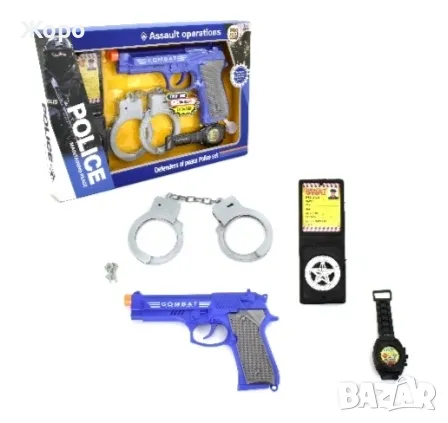 детски полицейски пистолет с белезници часовник и полицейска значка с звук КН3156 , снимка 1