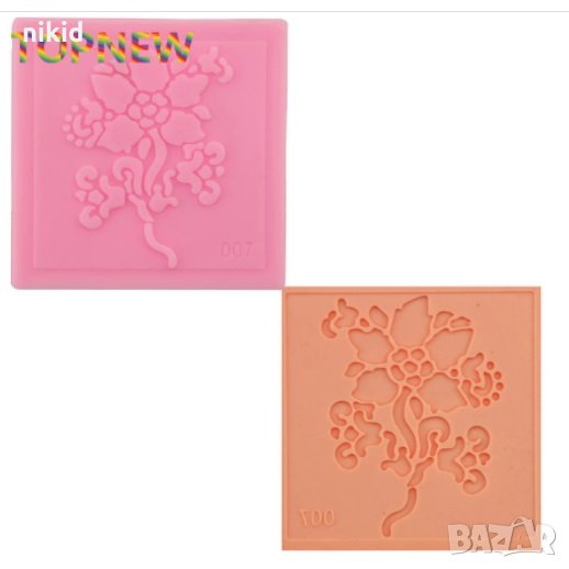 Цвете с дръжка  в квадрат силиконов молд отпечатък фондан украса декор бисквитки и др., снимка 1