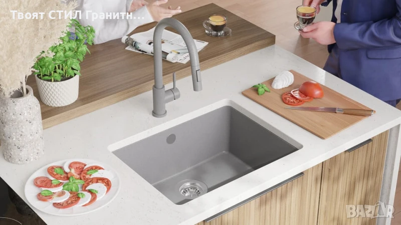 Сива кухненска мивка за вграждане под плот Венеция 60 560x440 мм, снимка 1