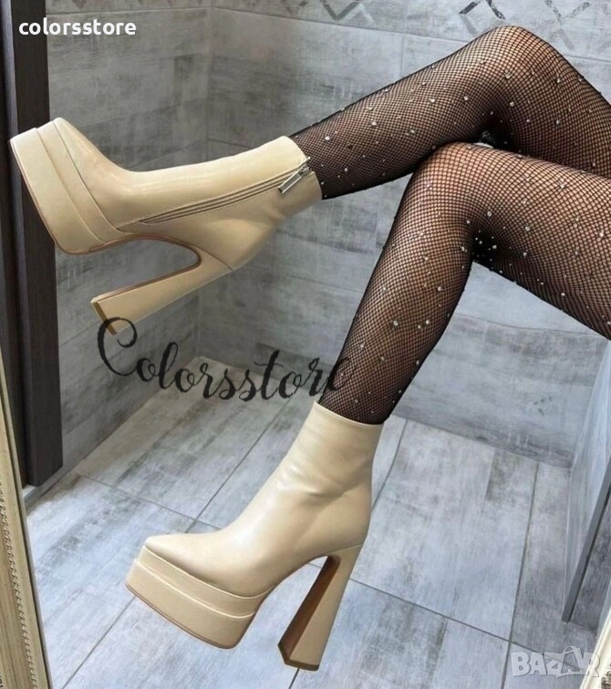Боти на ток - бежова кожа - YSV1, снимка 1