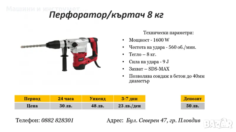 Перфоратор/къртач 8 кг под наем, снимка 1
