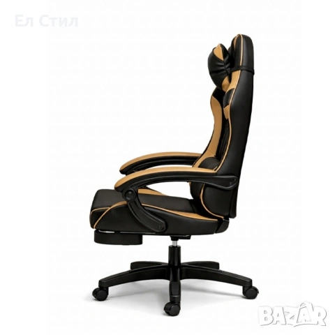 Геймърски стол с масажна функция, лумбална възглавница и поставка за крака – Черен-златист, снимка 5 - Столове - 53565313