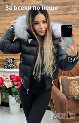 Guess Дамско Черно Лачено Зимно Яке С Естествен Пух На Качулката Гес-2 Цвята На Логото Код W.S.O.15, снимка 5 - Якета - 52568981