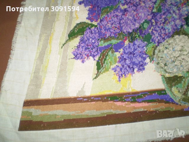 Голям ръчно ушит-бродиран гоблен ваза със цветя, снимка 9 - Гоблени - 35234000