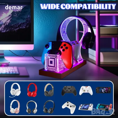 YuanDian стойка за слушалки и контролери със синя розова LED нощна светлина, снимка 3 - Друга електроника - 49285288