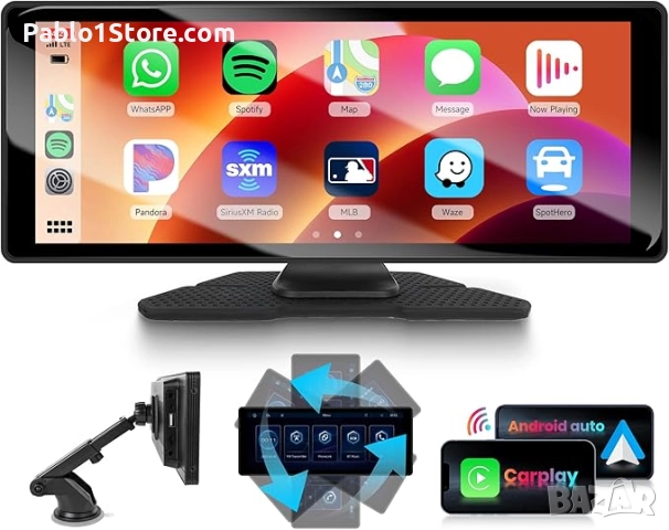 Безжично автомобилно радио Rimoody Carplay и Android, преносимо 10,26-инчово, сензорен екран, HD с A