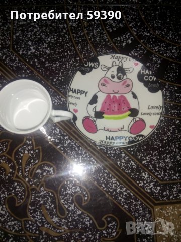 Чаша за кафе с чинийка"Happy cow", снимка 4 - Чаши - 27623262