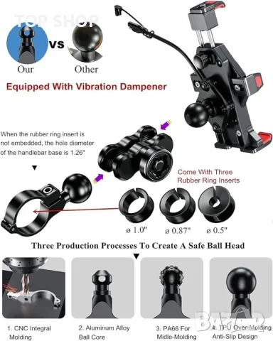 Мотоциклетен държач за телефон BRCOVAN от алуминиева сплав с 15W Qi безжично зарядно, снимка 4 - Друга електроника - 48752566