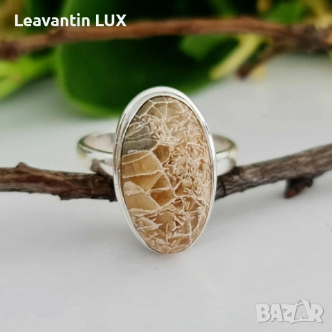 ✨ Сребърен пръстен с фосилен корал Petoskey, снимка 5 - Пръстени - 51682936