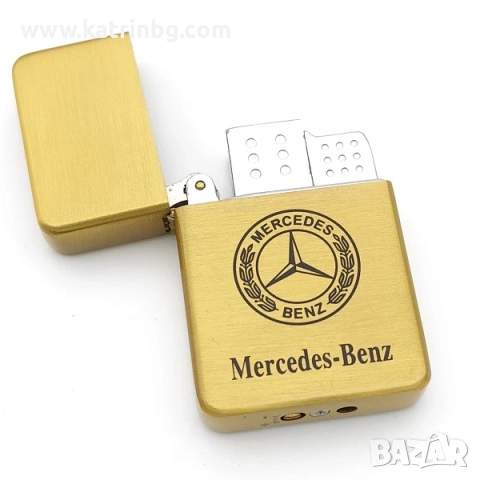 Стилен подарък за мъж Мерцедес – метална златиста запалка и ключодържател от естествена кожа, снимка 2 - Подаръци за мъже - 51641501