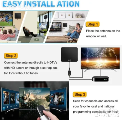 Boyoye TV Антена за Digital Freeview за местни канали 400+ км обхват с усилвател на сигнала, 5 м, снимка 6 - Приемници и антени - 49682790