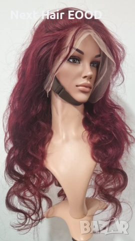 Естествена бразилска перука 75 см - тъмно червена, чуплива, дантелена зона 13x6, снимка 2 - Аксесоари за коса - 53294762