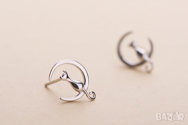 Сребърни Обеци Лунна Котка - 925 печат сребро BT429, снимка 3 - Обеци - 29058904