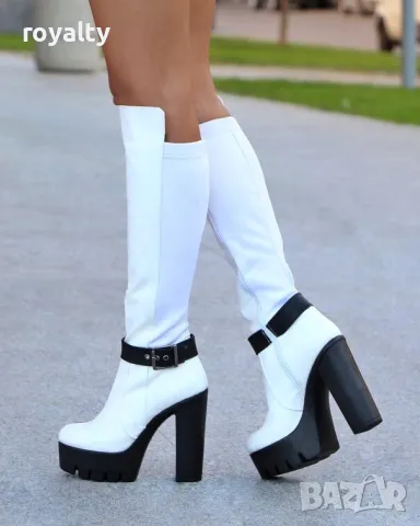 Ботуши на ток - бяла кожа с черно